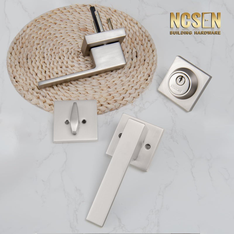 NCSEN 2 Pack Heavy Duty Square Exterior Door Lock Set with Deadbolt  Satin Nickel Door Locks for Front Door and Bedroom  Front Door Handle and Deadbolt Set - Image 2